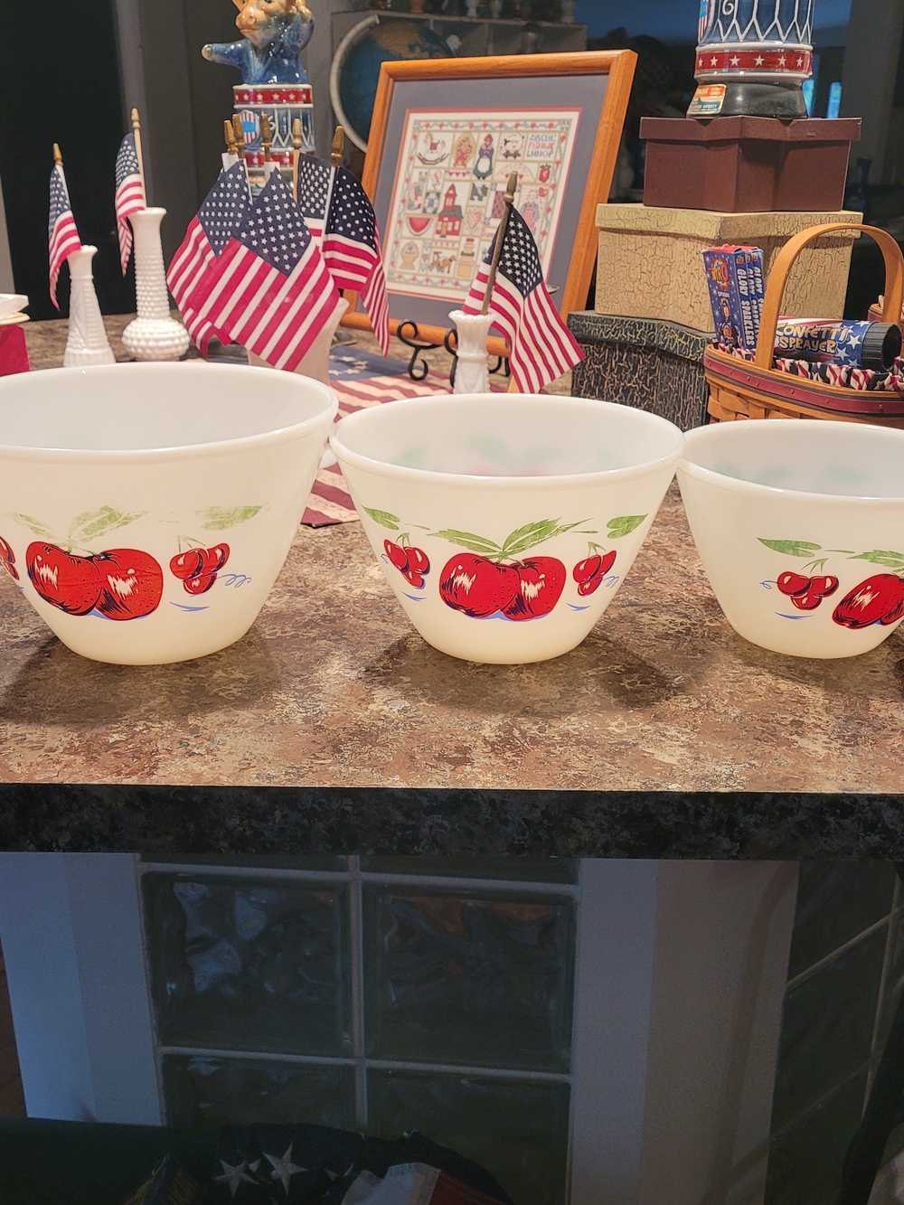 vintage Fire-King "Apples and Cherries" Milk Glass mixing bowls. Set Of 3. - Picture 3 of 16